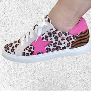 Nature Breeze Shoes Pink Brown Leopard Print Star Platform